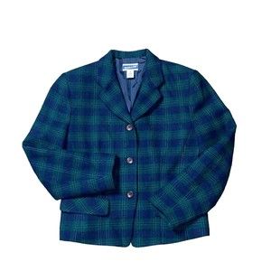 Pendleton Womens Blue Green Tartan Plaid Wool Blend Blazer Size 10